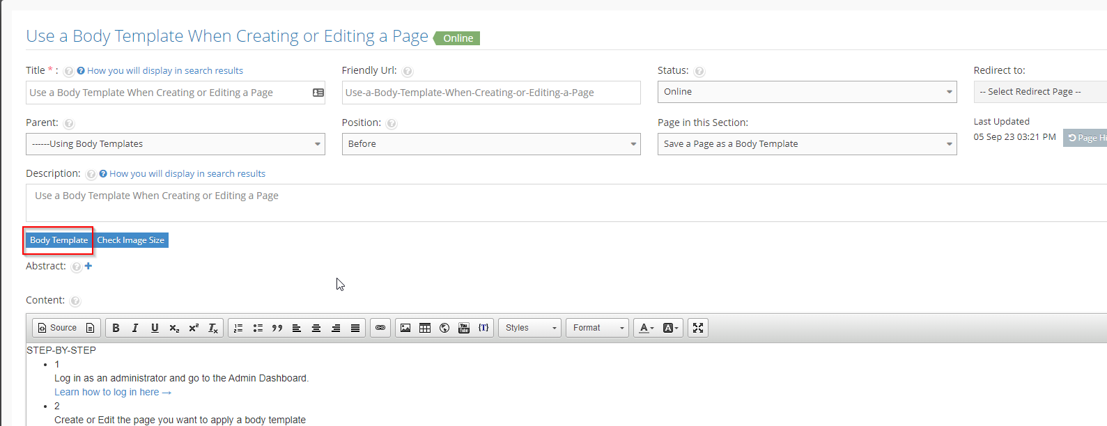 Body Template button