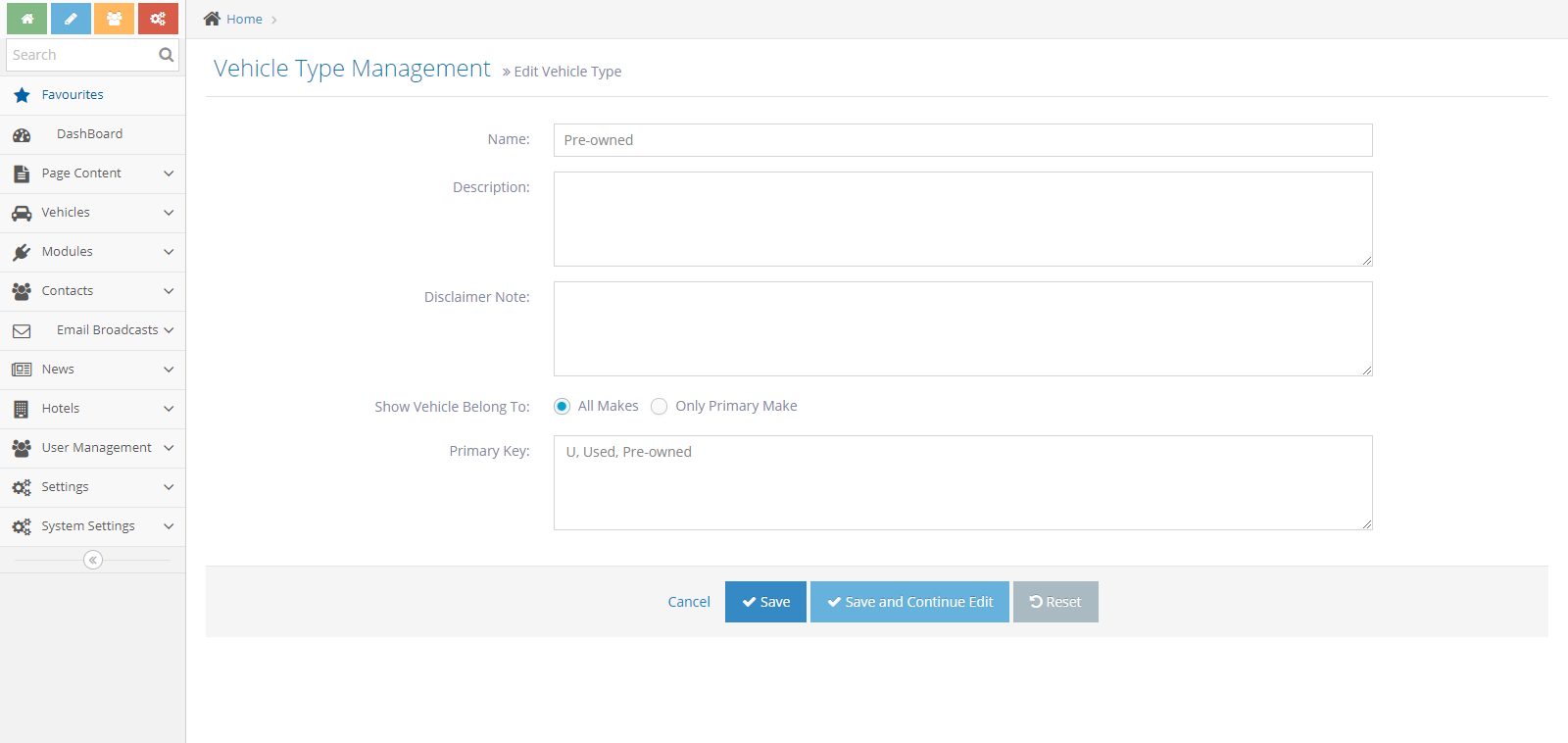 Vehicle Type Management
