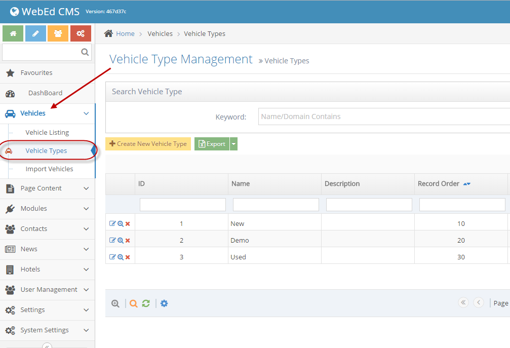 Vehicle Type Management