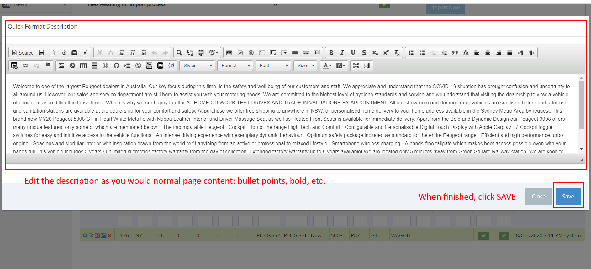 Vehicle Listing Descriptions