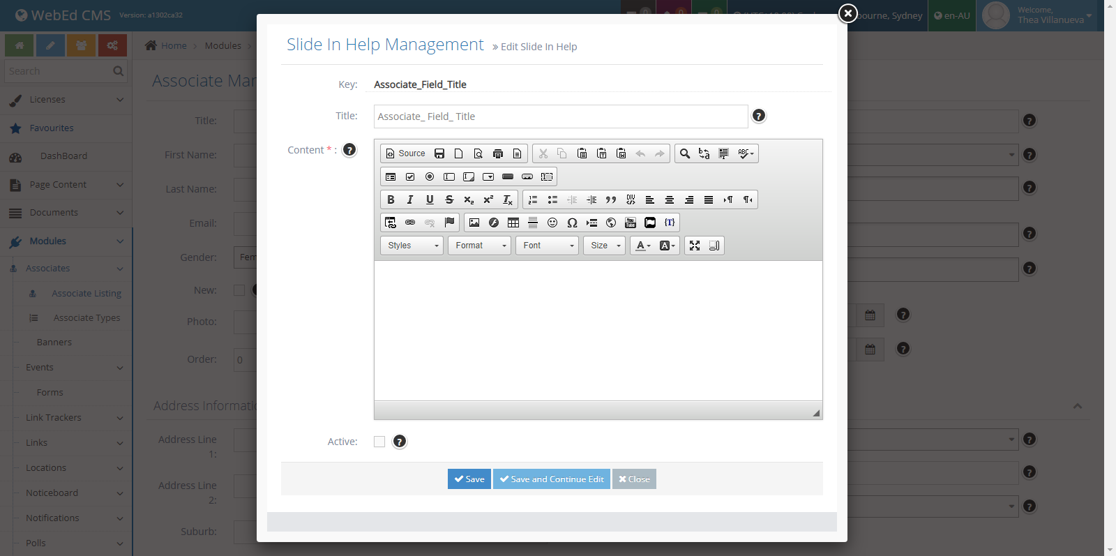 Slide In Help Management window