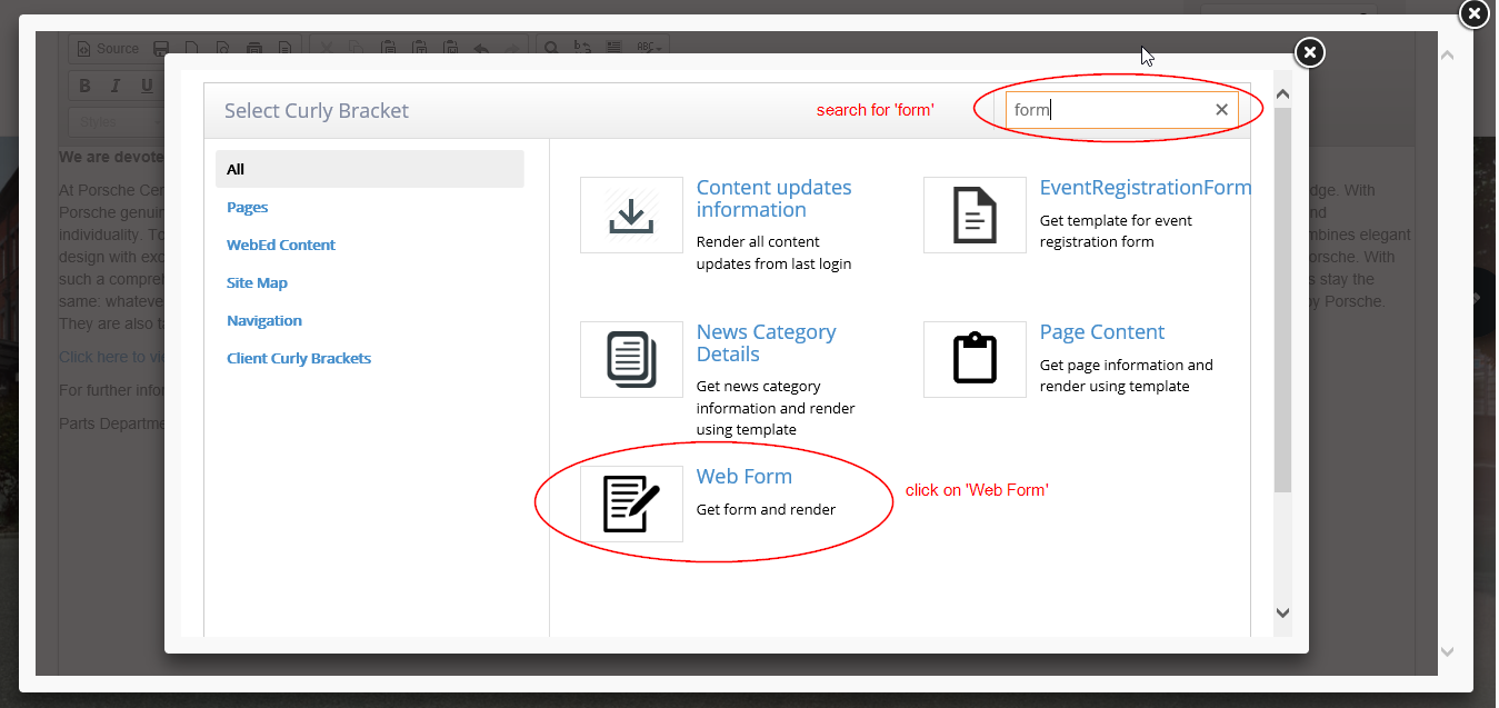 Inserting a form using Curly Bracket
