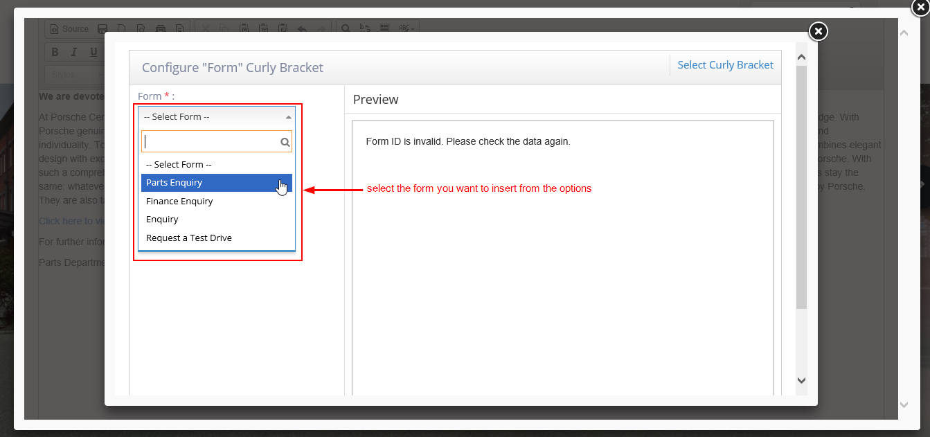 Inserting a form using Curly Bracket