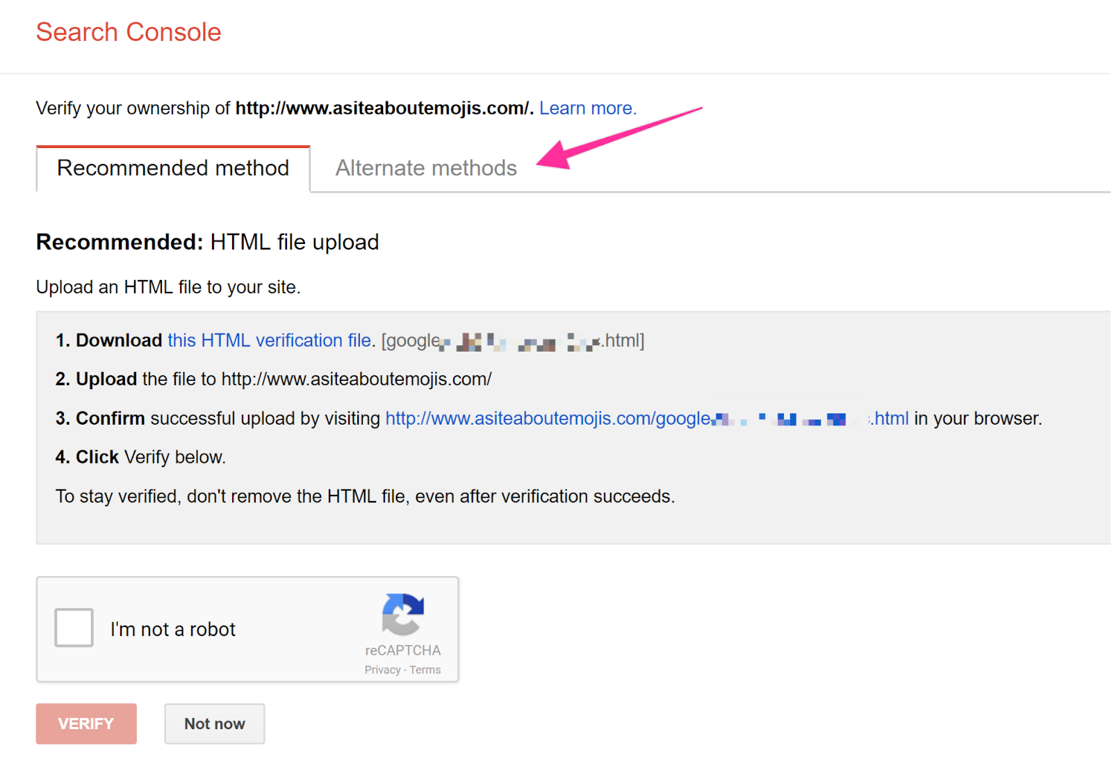 Signing up for the Google Search console
