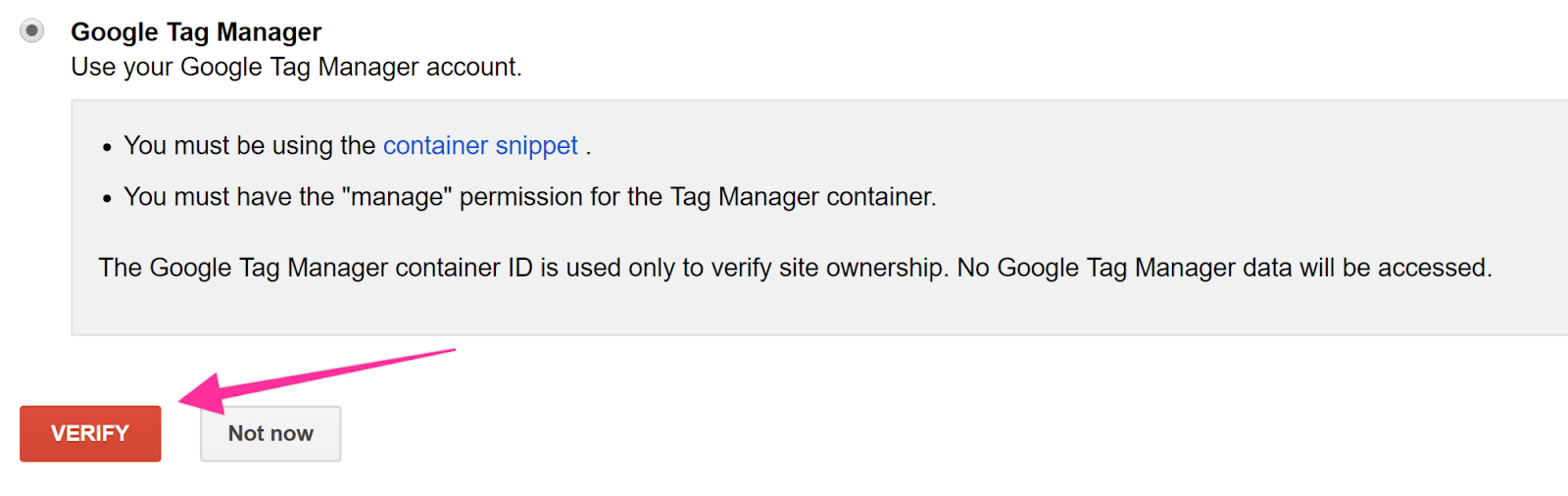 Select “Google Tag Manager” and click “Verify