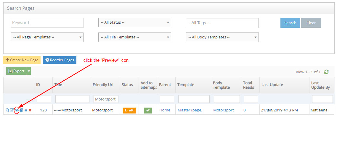 Click on the “Create New Page” button. This will take you to the “Create Page” screen.