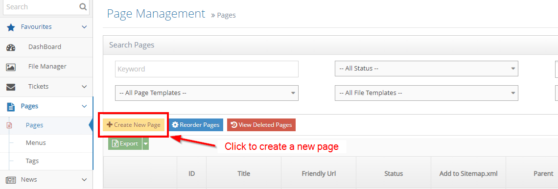 Create New Page button