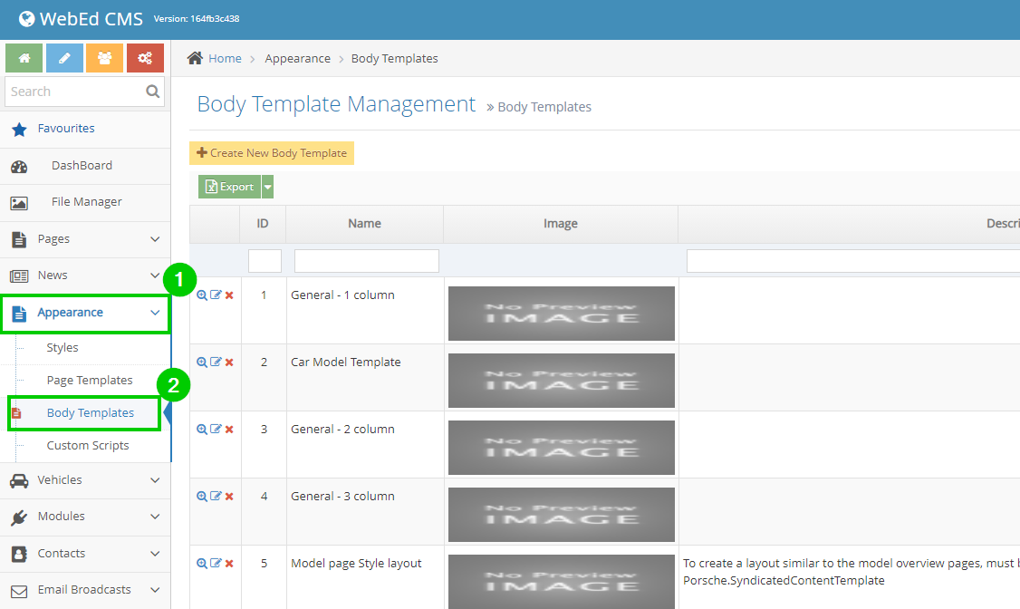 Navigating to Body Templates