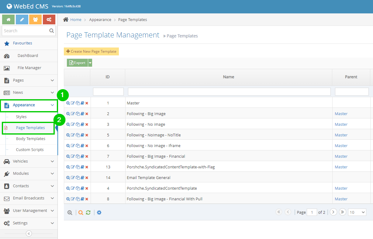 Navigating to Page Templates
